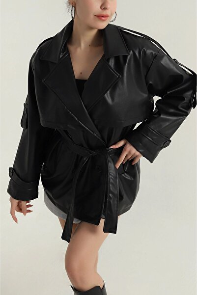 gm giyimarket New Season Women's Belted Leather Trench Coat