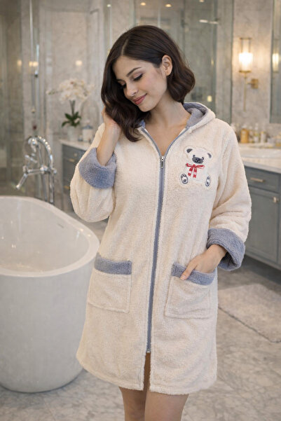 LaraLisa Hooded, Zippered, Pocketed, Fixed Belt Detailed Cotton Bathrobe