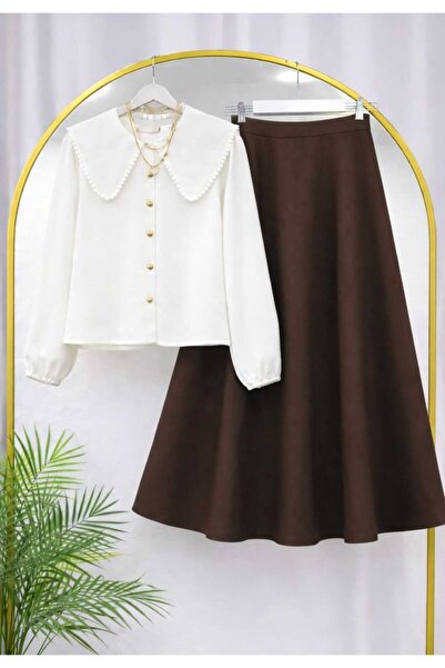 MODA VEDAT Women's Collar Scallop Detailed Shirt - Puff Scuba Skirt Set -0490