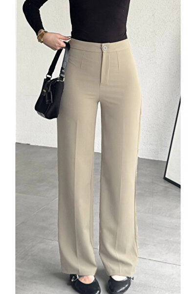 asfamoda Pantaloni de damă crem, din țesătură, cu talie înaltă, cu picior lar...