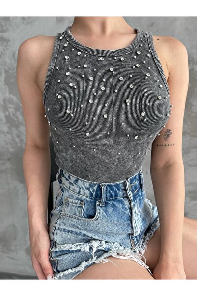 EVOA Women's Anthracite Stone Detailed Halter Tank Top