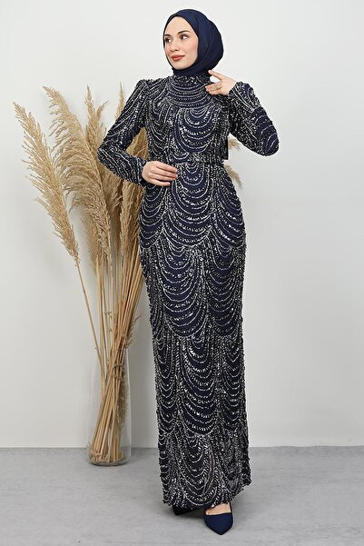 GİYZAMİLA Camellia Embroidered Evening Dress Navy Blue