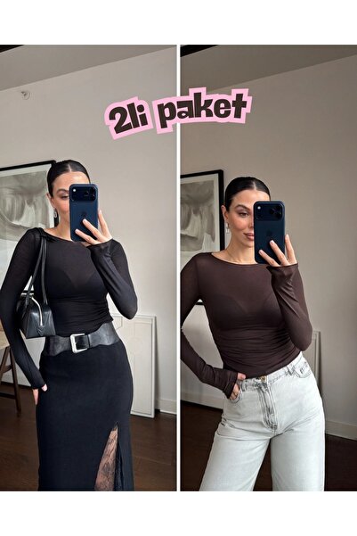 codudem Transparent Boat Neck Blouse Bitter Coffee Black 2-Pack