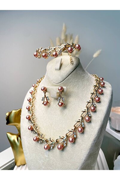 Luxiva Altın kaplama pembe inci ve taşlar detayı takı hediye seti