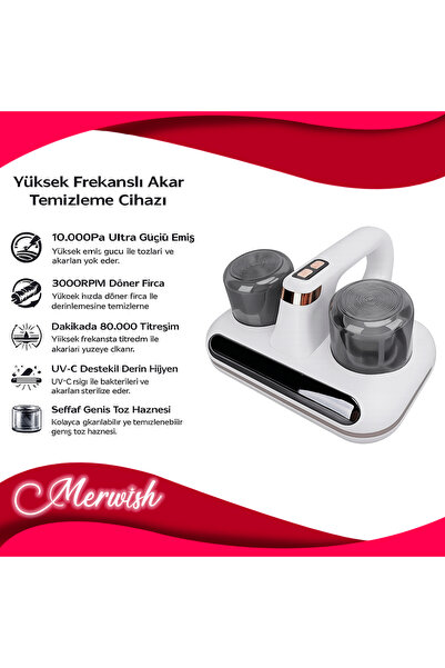 Merwish 10000 Pa Emiş Güçlü El Süpürgesi UV Led Akar Temizleme Yatak Koltuk H...