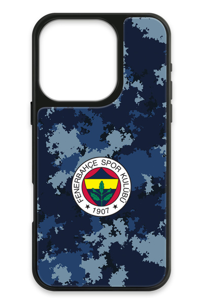 Fenerbahçe iPhone 16 Pro Uyumlu Mavi Kamuflaj Cam Lisanslı Telefon Kılıfı