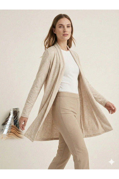 Look Forward Women's Beige Melange Color Long Wide Collar Basic Cardigan