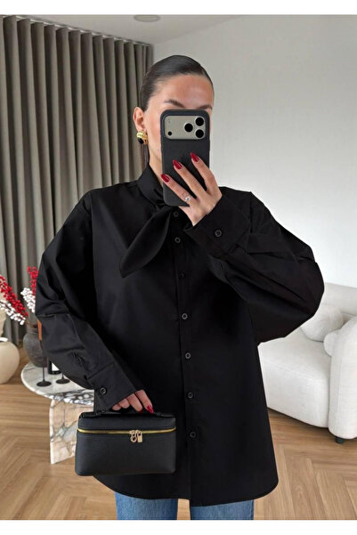 Moda Palmiss Women's Black Scarf Detailed Long Sleeve Oversize Poplin Shirt -...