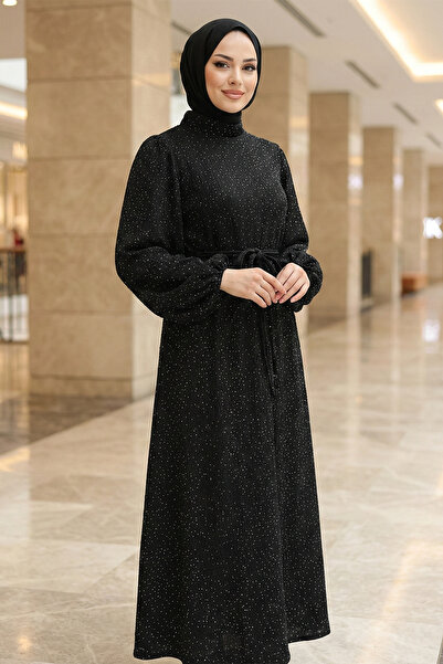 FERHEL Women's High Collar Stone Detailed Belted Lined Evening Dress - Black