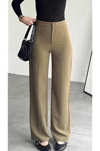 asfamoda Γυναικείο υφασμάτινο παντελόνι χακί με ψηλή μέση, φαρδιά μπατζάκια, ...