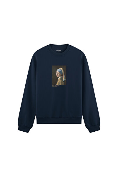 The Lucid Lab Girl's Oversize Sweatshirt with Pearl Earrings - Navy Blue