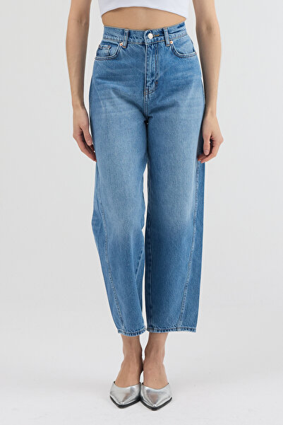 MOVİMENT Blue High Waist Washed Detailed Relaxed Fit Mom Jean Denim Pants