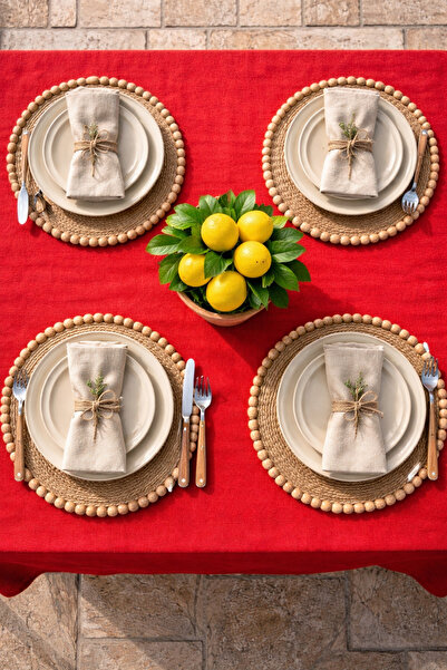 Marrone Lüx Amerikan Servis Hasır Supla Kırmızı Boncuk Detaylı 4'lü Set 35 Cm