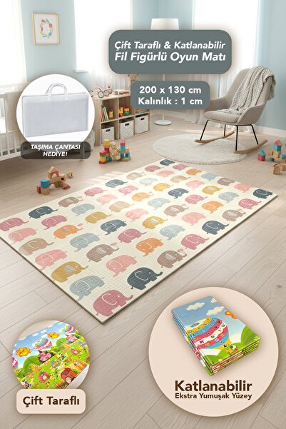 Meleni Baby Çift Taraflı Fil Figürlü Oyun Matı - 200x130x1 cm Katlanabilir Ço...