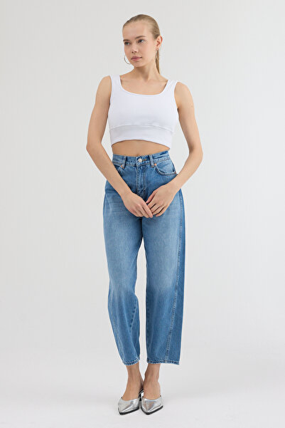 MOVİMENT Blue High Waist Washed Detailed Relaxed Fit Mom Jean Denim Pants