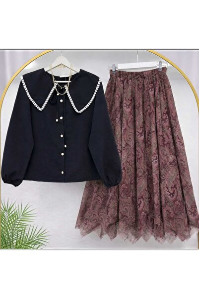 MODA VEDAT Women's Scallop Collar Shirt - Patterned Asymmetrical Cut Skirt Se...