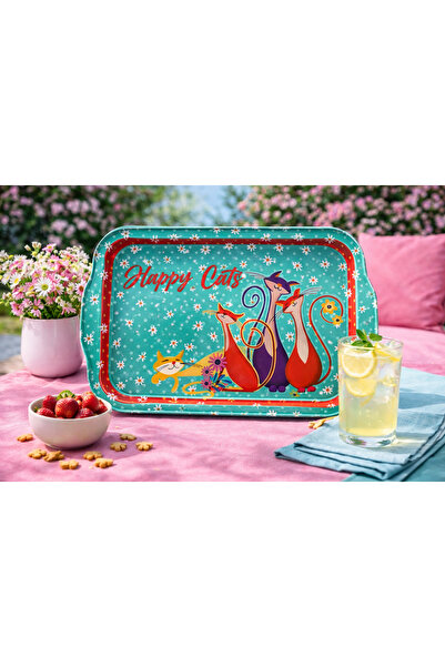 ATAGİFT HEDİYELİK Happy Cats Desenli Metal Sunum Tepsisi 35 x 20 cm – Sevimli...