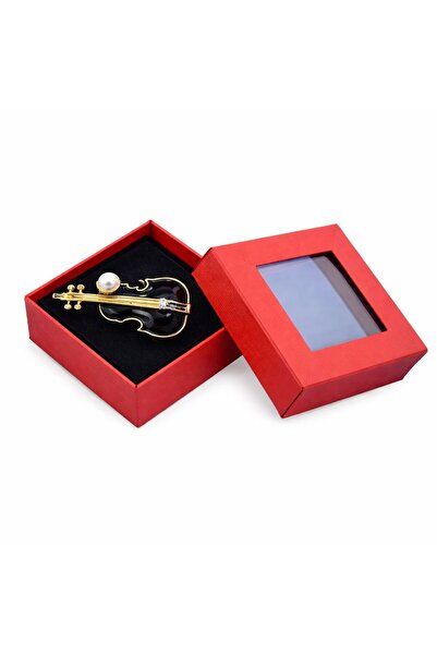 OEM Elegant Violin Martisor Brooch, Black-Gold Enameled with Pearl