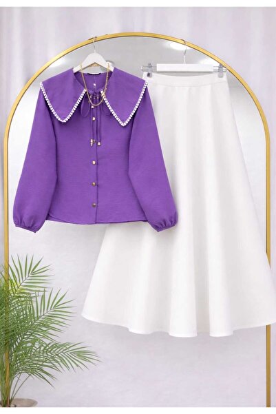 MODA VEDAT Women's Collar Scallop Detailed Shirt - Puff Scuba Skirt -0520