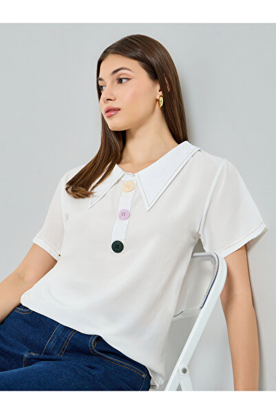 Styli White Short Sleeve Top with Button Detail