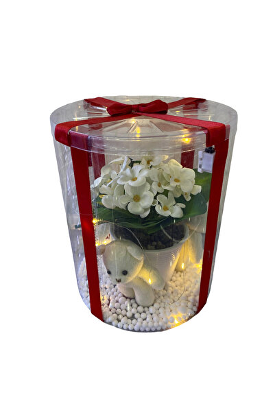 mercanpromosyon Mercan Işıklı ve Ayıcıklı Silindir Fanus Çiçek - Romantik Yap...