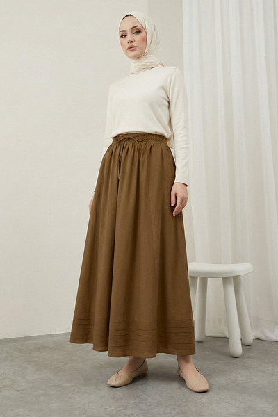 MODAQU Rubber Waist Skirt with Pocket and Stitching Detail – Tan