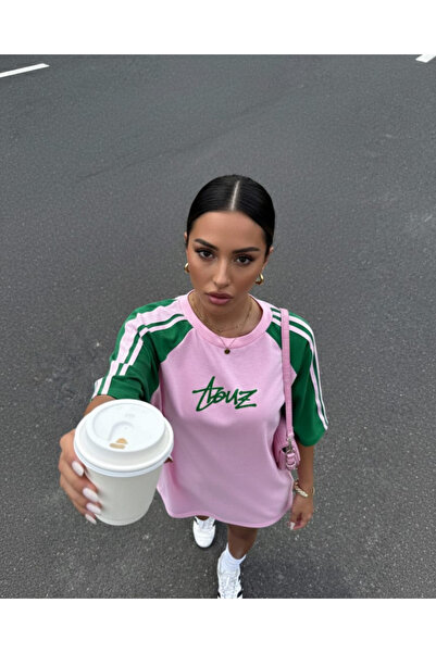 Touz Moda Retro Streetwear Club Pink Green Oversize T-Shirt