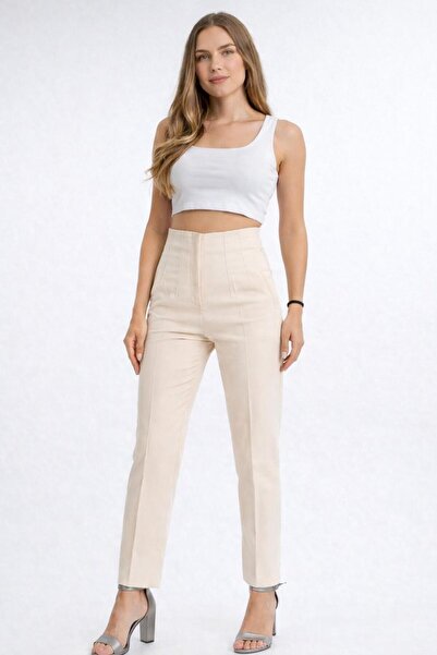 esma trend Pensli Bej Yüksek Bel Kumaş Pantolon