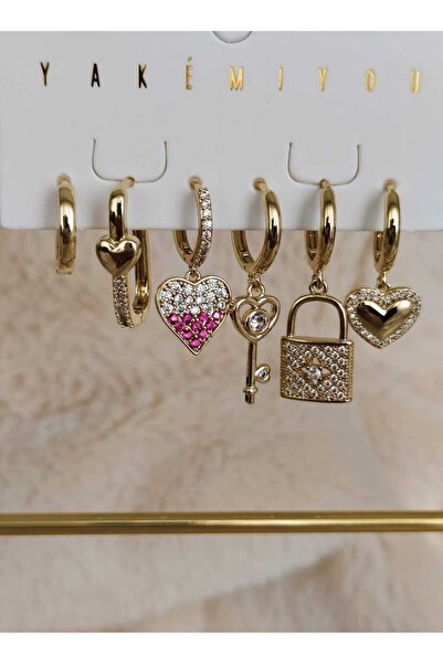 Tuel Gold Stainless Steel Lock-Heart-Key Detailed Multiple Women's Earrings