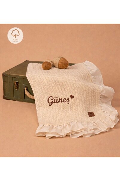 JUNİPERUS Kişiye Özel Nakışlı İsimli Fırfırlı Ekru Bebek Pikesi & Battaniye O...