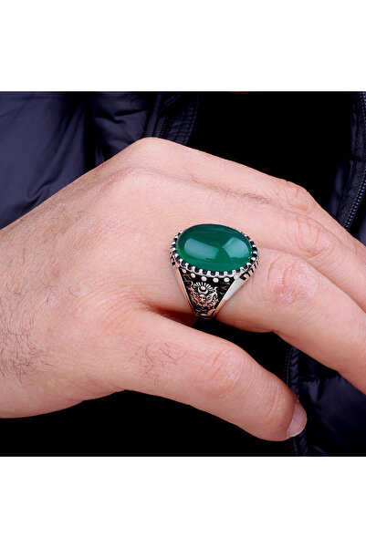 Argento Silver Oval Akik Yeşil Taşlı 925 Ayar Gümüş Yüzük