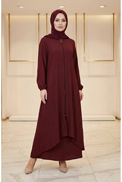 sefamerve Asymmetrical Cut Zippered Tunic 1047-06 Claret Red