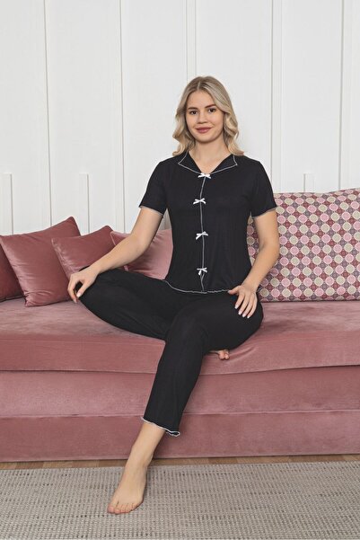 Asel طقم بيجامة نسائي من الليكرا بأكمام قصيرة وتفاصيل فيونكة من بيجاسوس