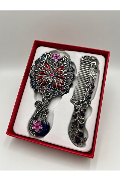 DeGo Shop Etnik Desenli Vintage Kabartmalı El Aynası ve Tarak Seti ( Kutulu )
