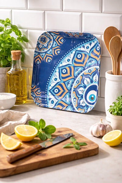 ATAGİFT HEDİYELİK NAZARLIKLI DESEN CÜMBÜŞÜ METAL SERVİS TEPSİSİ 35 X 20 CM