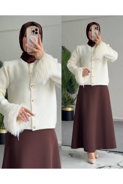 MODABERİLBUTİKK Tüylü Manşetli Kalp Düğmeli Tesettür Ceket – Şık ve Modern Ta...
