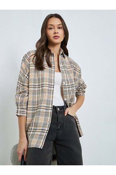 Styli Khaki Plaid Oversized Long Sleeve Shirt