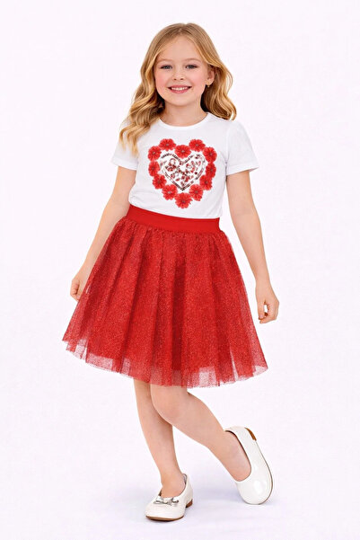 Nacar 23 Nisan 29 Ekim Kız Çocuk Yeni Sezon Kırmızı Etek T-shirt 2'li Alt-Üst...
