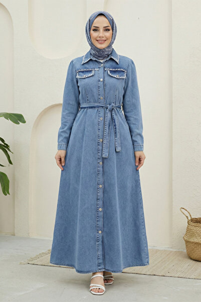 FERHEL Women's Half-Buttoned, Elastic Waist, Pocketed, Embroidered Hijab Deni...