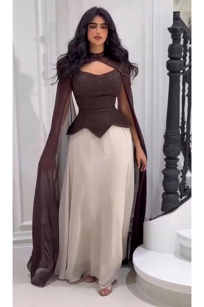 saher-alshrek White dress with brown handkerchief sleeves