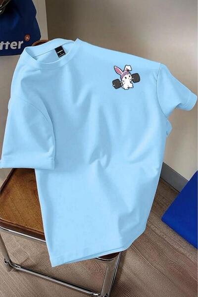 Oksit Gym Bunny - Weightlifting Rabbit Printed Unisex Oversize Cotton T-Shirt