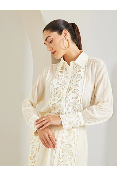 Styli White Cut-Out Lace Insert Shirt