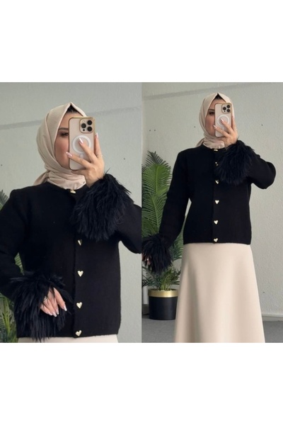 MODABERİLBUTİKK Tüylü Manşetli Kalp Düğmeli Tesettür Ceket – Şık ve Modern Ta...