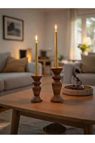 SunnyDays Lykke Serisi - 2'li Ahşap Görünümlü Seramik Şamdan & Mumluk Seti (2...