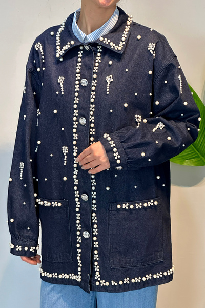 Lale Butik Stone and Pearl Detail Denim Jacket 7444 Navy Blue