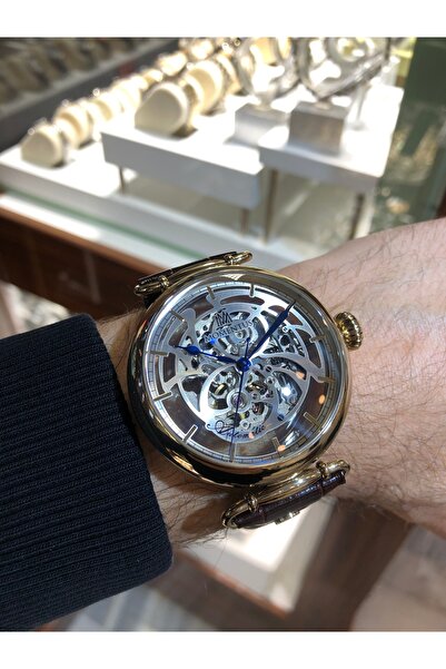 Momentus İskelet Otomatik Altın Kaplama Su Geçirmez Deri Kordonlu Erkek Kol S...