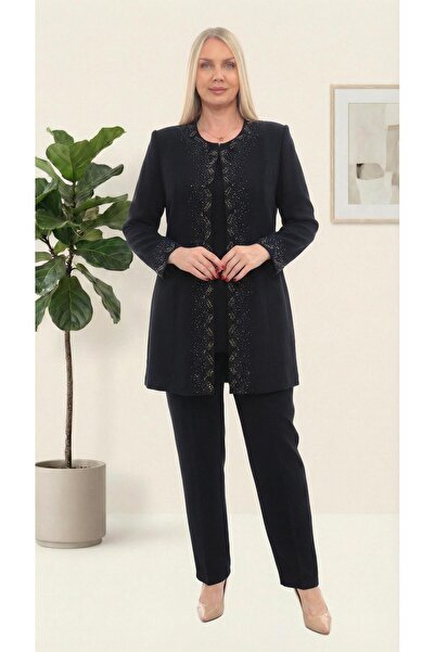 MİSS DİAMOND Stylish black three-piece pant suit with jacket stone embroidere...