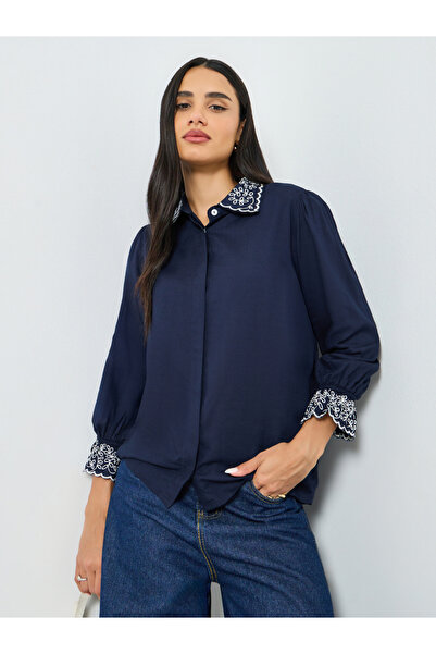 Styli Navy Embroidered Collar Shirt