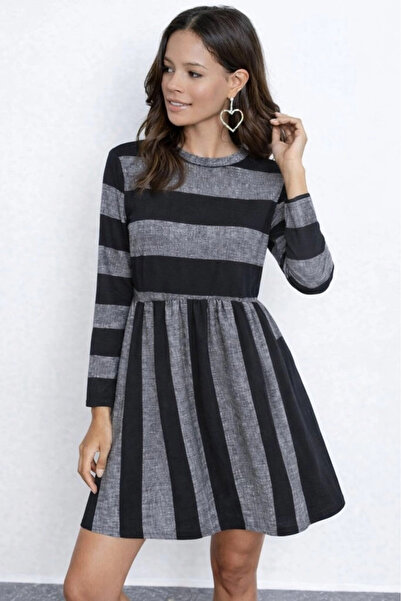 Cool & Sexy Stripe Patterned Crew Neck Long Sleeve Casual Dress – Gray Black