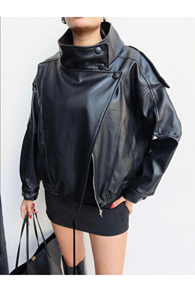 Orions Collection Stand Collar Double Breasted Bomber Leather Jacket